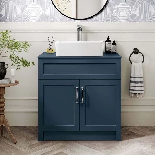 Milos Navy Blue Vanity with Troy Basin 800mm - Traditional Handles