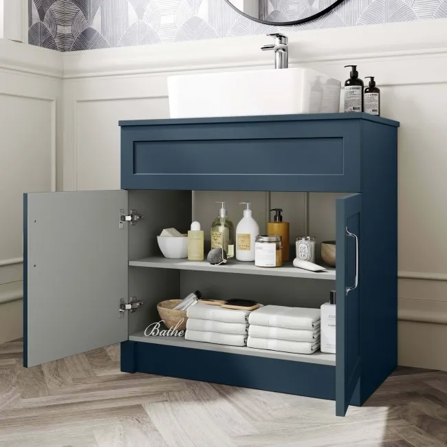 Milos Navy Blue Vanity with Troy Basin 800mm - Traditional Handles
