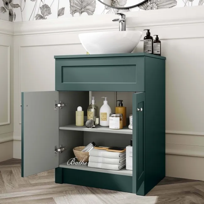 Milos Mystic Green Vanity with Oval Basin 600mm - Brushed Handles