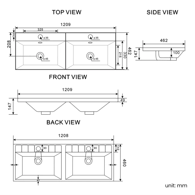 Lucia Graphite Grey Double Basin Vanity 1200mm