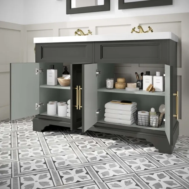 Lucia Graphite Grey Double Basin Vanity 1200mm - Brass Knurled Handles