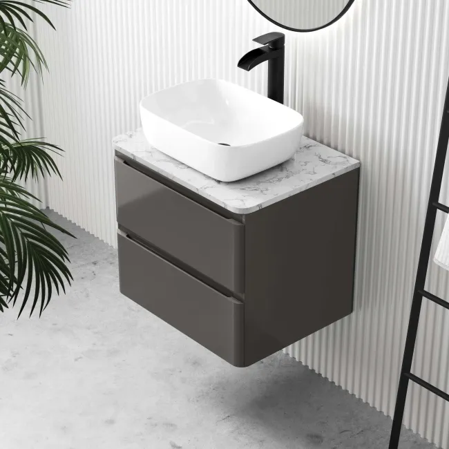 Corsica Tungsten Grey Wall Hung Drawer Vanity with Marble Top & Curved Counter Top Basin 600mm