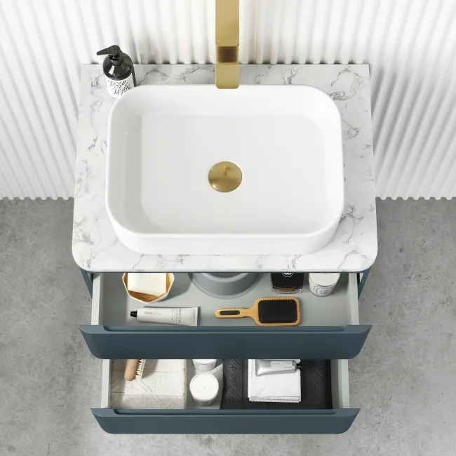 Corsica Inky Blue Wall Hung Drawer Vanity with Marble Top & Marin Basin 600mm