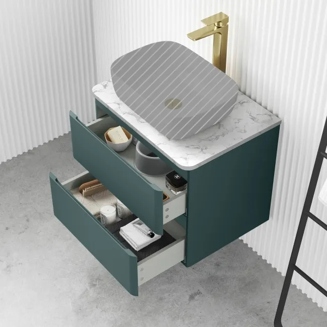 Corsica Midnight Green Wall Hung Drawer Vanity with Marble Top 600mm - Excludes Counter Top Basin
