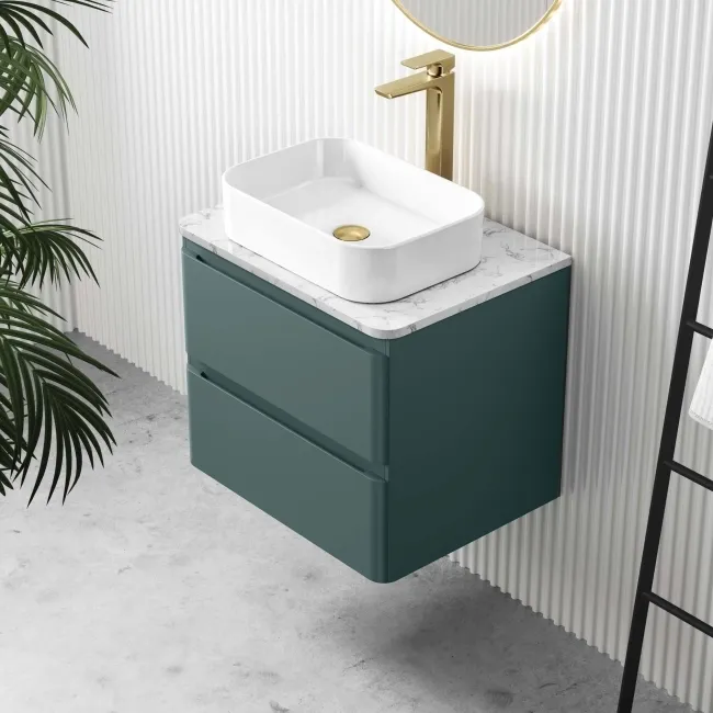 Corsica Midnight Green Wall Hung Drawer Vanity with Marble Top & Marin Basin 600mm