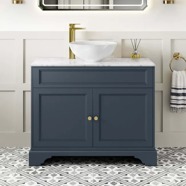 Lucia Inky Blue Vanity with Marble Top & Round Counter Top Basin 1030mm - Brushed Brass Accents