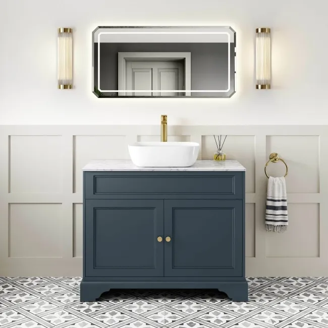 Lucia Inky Blue Vanity with Marble Top & Curved Counter Top Basin 1030mm - Brushed Brass Accents