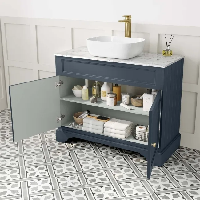 Lucia Inky Blue Vanity with Marble Top & Curved Counter Top Basin 1030mm - Brushed Brass Accents