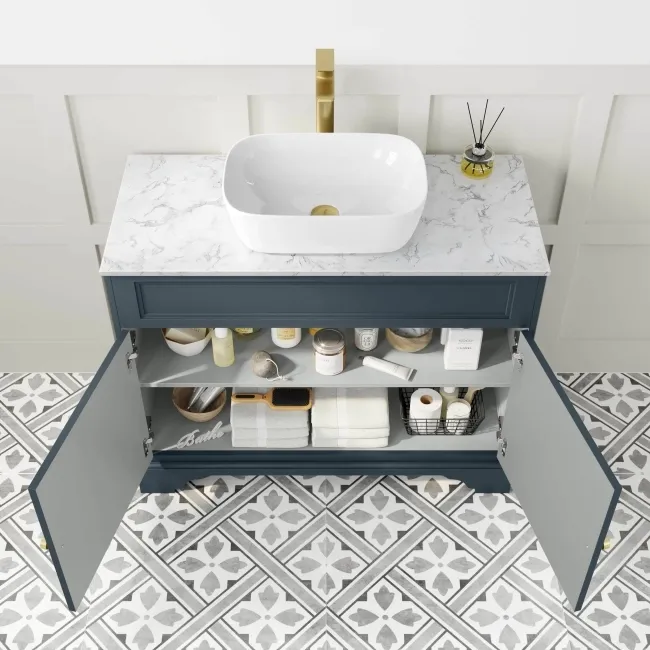 Lucia Inky Blue Vanity with Marble Top & Curved Counter Top Basin 1030mm - Brushed Brass Accents