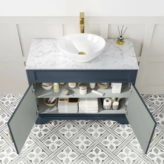 Lucia Inky Blue Vanity with Marble Top & Oval Counter Top Basin 1030mm - Brass Knurled Handles