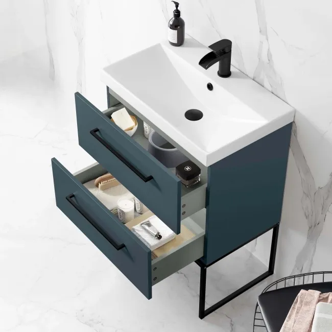 Elba Inky Blue Wall Hung Basin Drawer Vanity 600mm with Matt Black Stand