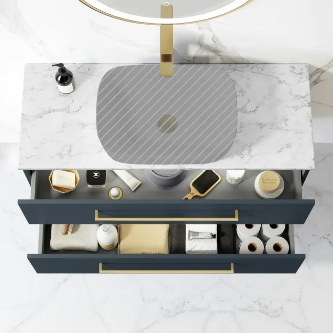 Elba Inky Blue Wall Hung Drawer Vanity 1000mm Excludes Counter Top Basin - Brushed Brass Accents