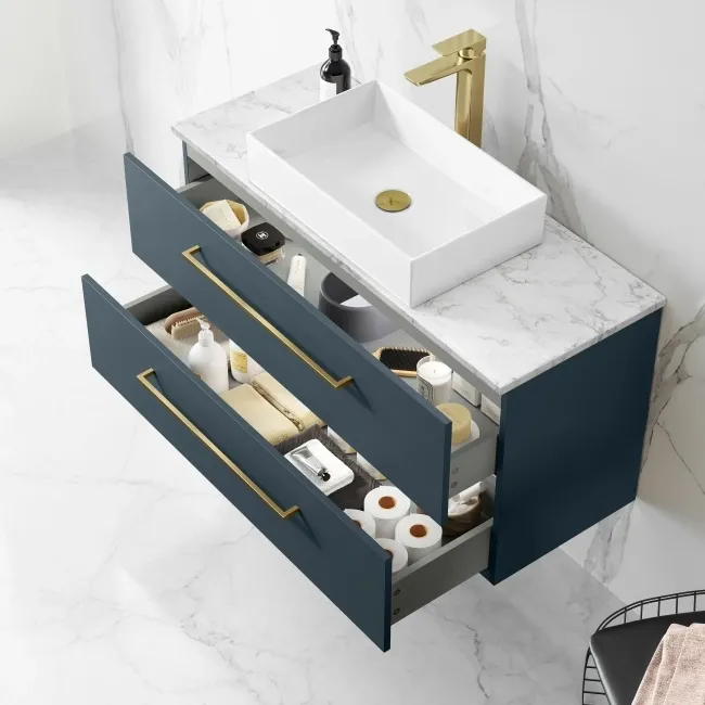 Elba Inky Blue Wall Hung Drawer Vanity with Marble Top & Cody Basin 1000mm - Brushed Brass Accents