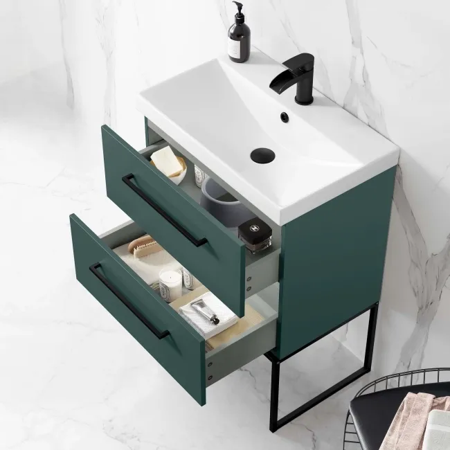 Elba Midnight Green Wall Hung Basin Drawer Vanity 600mm with Matt Black Stand