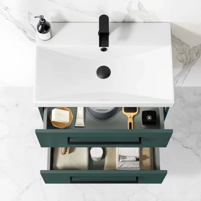 Elba Midnight Green Wall Hung Basin Drawer Vanity 600mm with Matt Black Stand