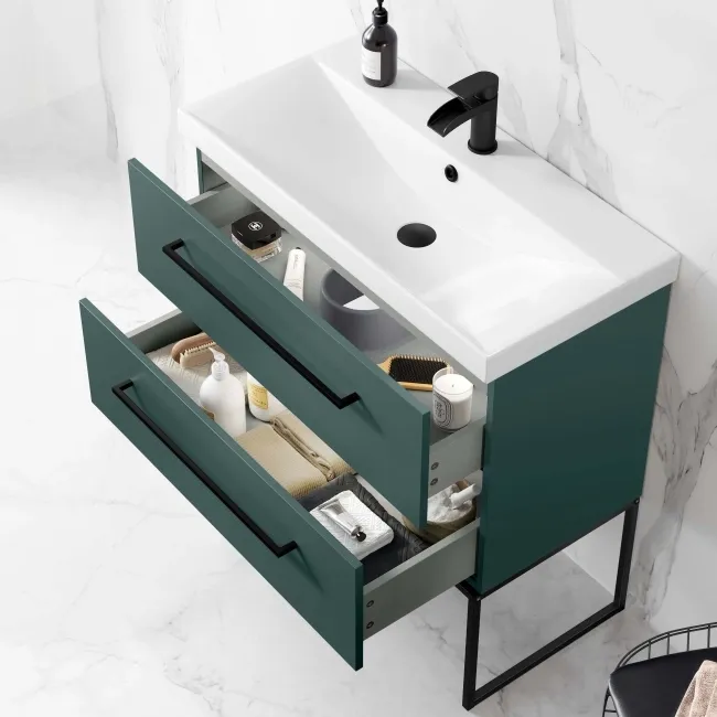 Elba Midnight Green Wall Hung Basin Drawer Vanity 800mm with Matt Black Stand
