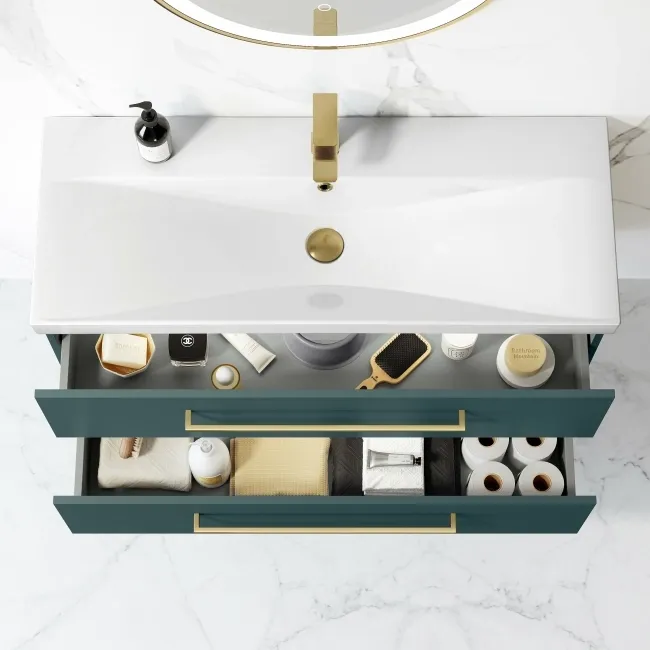 Elba Midnight Green Wall Hung Basin Drawer Vanity 1000mm - Brushed Brass Accents