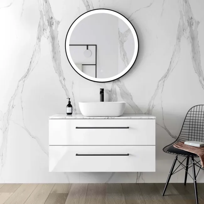 Elba Gloss White Wall Hung Drawer Vanity with Marble Top & Curved Counter Top Basin 1000mm - Black Accents