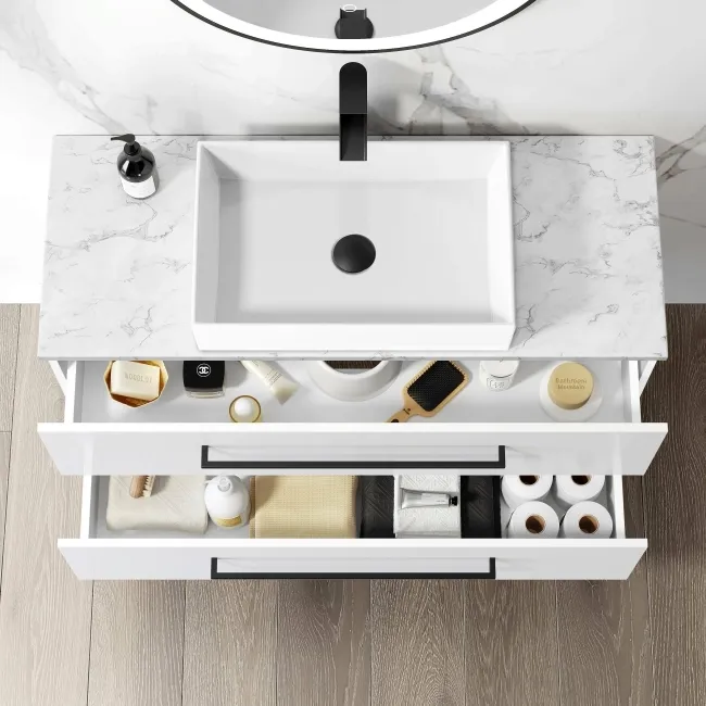 Elba Gloss White Wall Hung Drawer Vanity with Marble Top & Cody Basin 1000mm - Black Accents