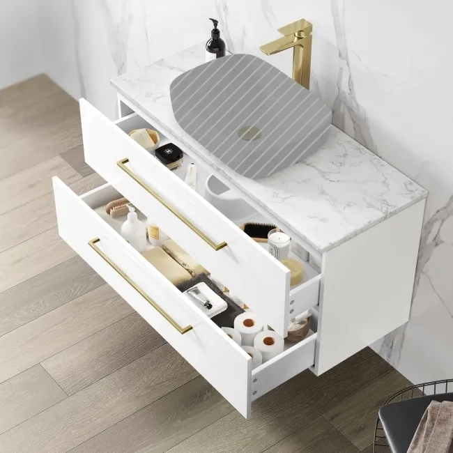 Elba Gloss White Wall Hung Drawer Vanity 1000mm Excludes Counter Top Basin - Brushed Brass Accents
