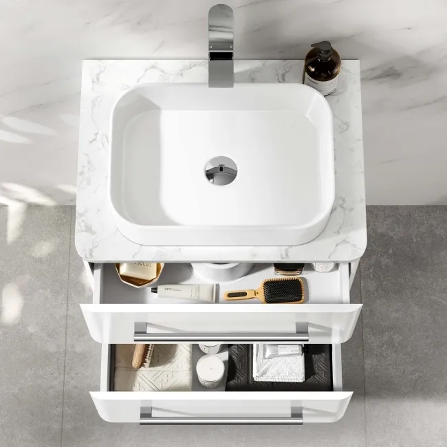 Omaha Gloss White Wall Hung Drawer Vanity with Marble Top & Marin Basin 600mm