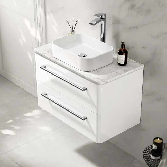 Omaha Gloss White Wall Hung Drawer Vanity with Marble Top & Marin Basin 800mm