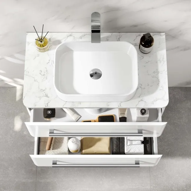 Omaha Gloss White Wall Hung Drawer Vanity with Marble Top & Marin Basin 800mm