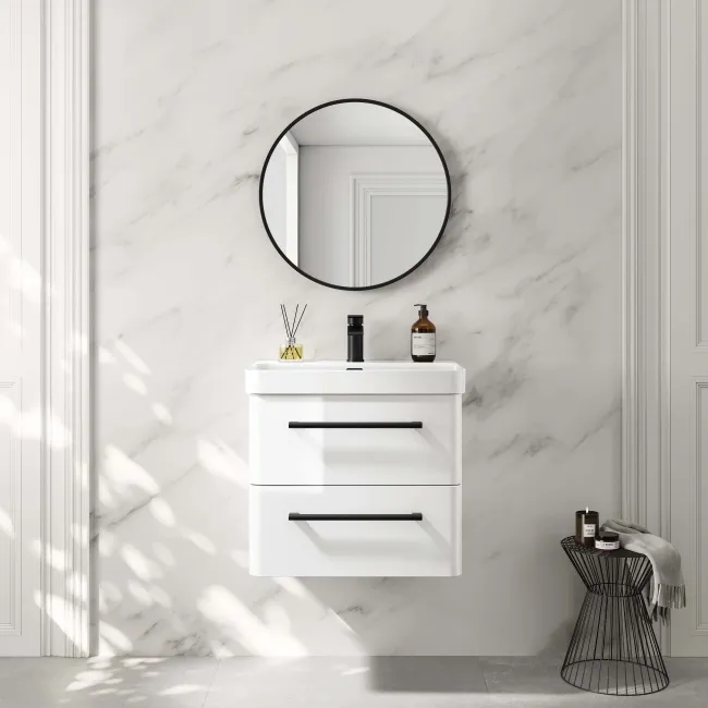 Omaha Gloss White Wall Hung Basin Drawer Vanity 600mm - Black Accents