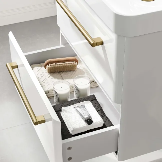 Omaha Gloss White Wall Hung Basin Drawer Vanity 600mm - Brushed Brass Accents