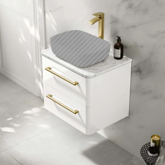 Omaha Gloss White Wall Hung Drawer Vanity with Marble Top 600mm (Excludes Counter Top Basin) - Brushed Brass Accents