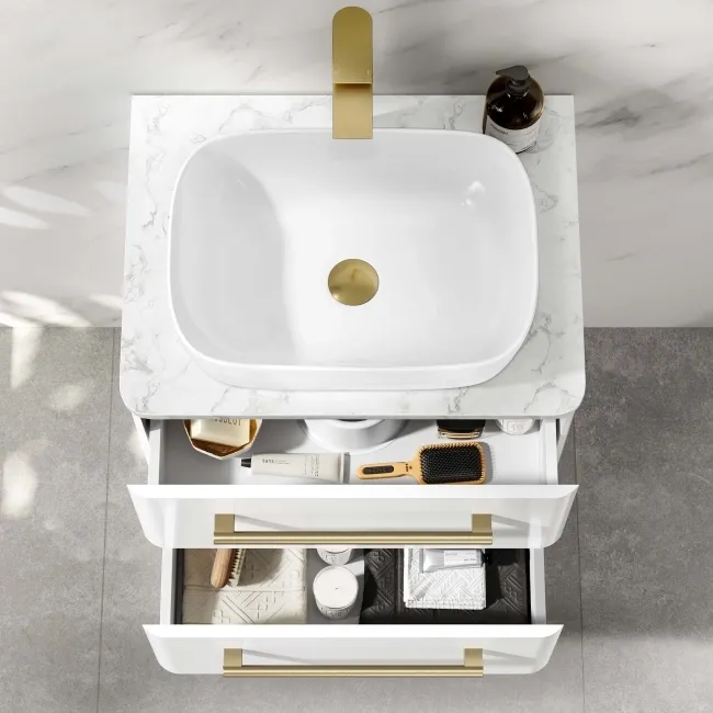 Omaha Gloss White Wall Hung Drawer Vanity with Marble Top & Curved Counter Top Basin 600mm - Brushed Brass Accents