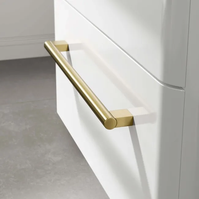 Omaha Gloss White Wall Hung Drawer Vanity with Marble Top & Curved Counter Top Basin 600mm - Brushed Brass Accents