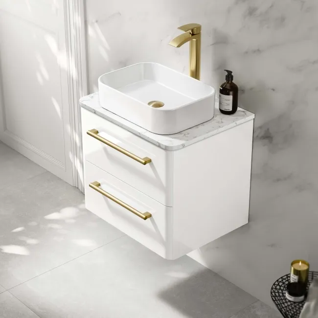 Omaha Gloss White Wall Hung Drawer Vanity with Marble Top & Marin Basin 600mm - Brushed Brass Accents