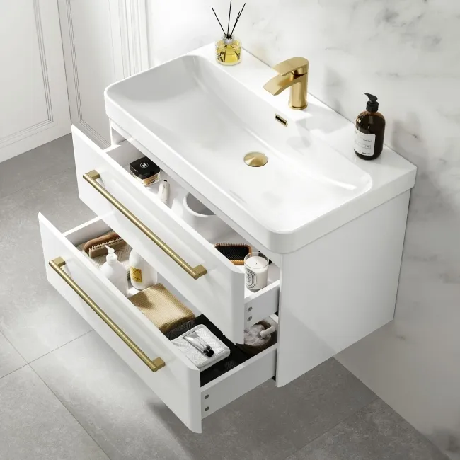 Omaha Gloss White Wall Hung Basin Drawer Vanity 800mm - Brushed Brass Accents
