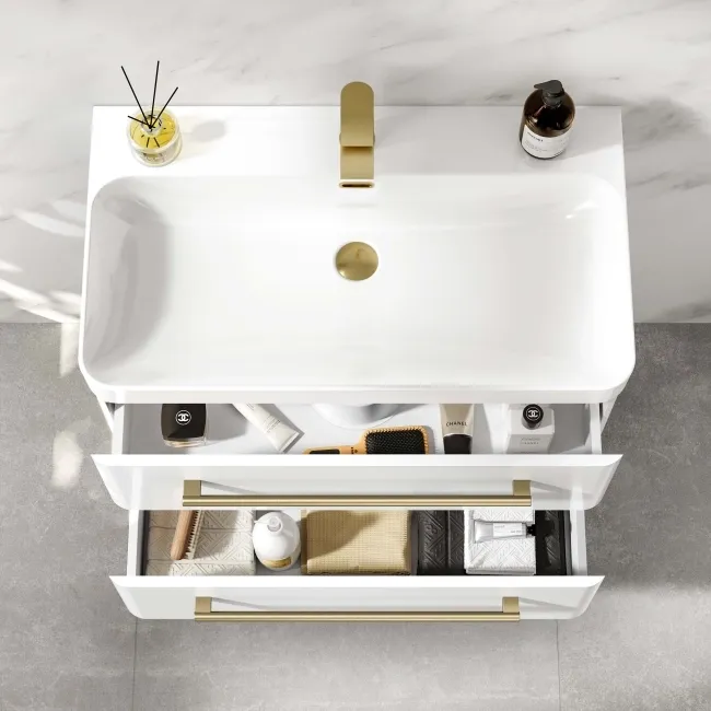 Omaha Gloss White Wall Hung Basin Drawer Vanity 800mm - Brushed Brass Accents