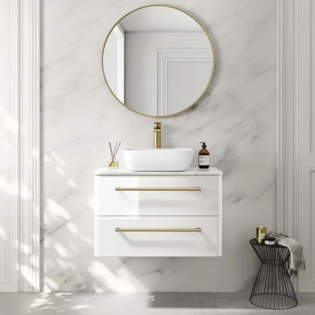 Omaha Gloss White Wall Hung Drawer Vanity with Marble Top & Curved Counter Top Basin 800mm - Brushed Brass Accents