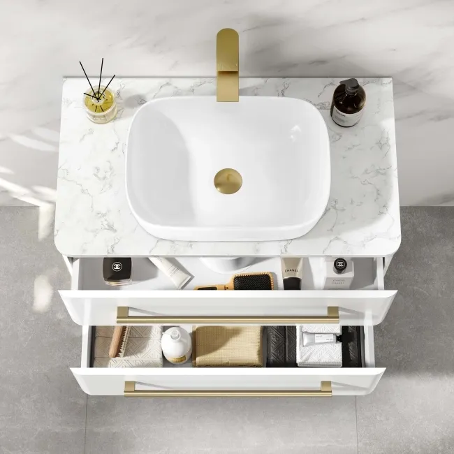 Omaha Gloss White Wall Hung Drawer Vanity with Marble Top & Curved Counter Top Basin 800mm - Brushed Brass Accents