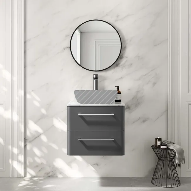 Omaha Slate Grey Wall Hung Drawer Vanity with Marble Top 600mm - Excludes Counter Top Basin
