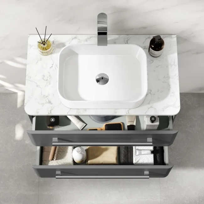 Omaha Slate Grey Wall Hung Drawer Vanity with Marble Top & Marin Basin 800mm