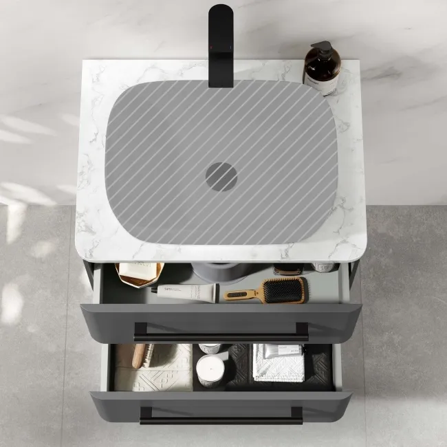 Omaha Slate Grey Wall Hung Drawer Vanity with Marble Top 600mm (Excludes Counter Top Basin) - Black Accents