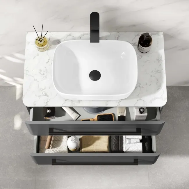 Omaha Slate Grey Wall Hung Drawer Vanity with Marble Top & Curved Counter Top Basin 800mm - Black Accents