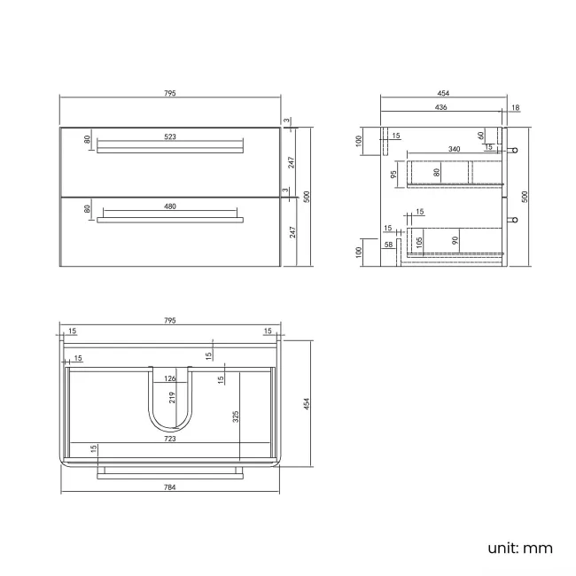Omaha Slate Grey Wall Hung Drawer Vanity with Marble Top & Curved Counter Top Basin 800mm - Black Accents