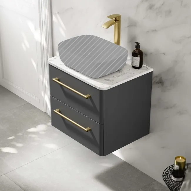Omaha Slate Grey Wall Hung Drawer Vanity with Marble Top 600mm (Excludes Counter Top Basin) - Brushed Brass Accents