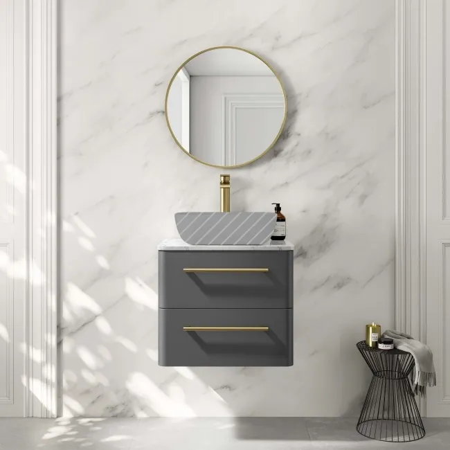 Omaha Slate Grey Wall Hung Drawer Vanity with Marble Top 600mm (Excludes Counter Top Basin) - Brushed Brass Accents