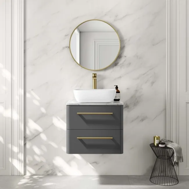 Omaha Slate Grey Wall Hung Drawer Vanity with Marble Top & Curved Counter Top Basin 600mm - Brushed Brass Accents