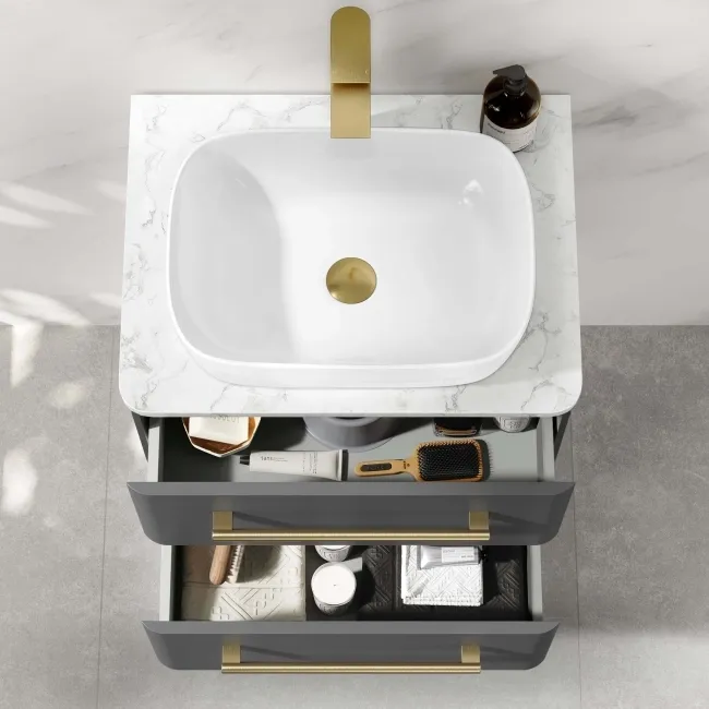 Omaha Slate Grey Wall Hung Drawer Vanity with Marble Top & Curved Counter Top Basin 600mm - Brushed Brass Accents