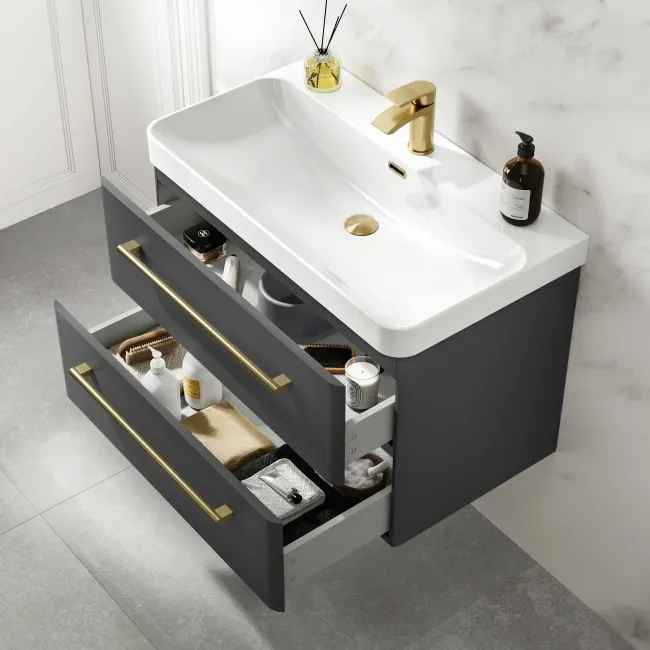 Omaha Slate Grey Wall Hung Basin Drawer Vanity 800mm - Brushed Brass Accents