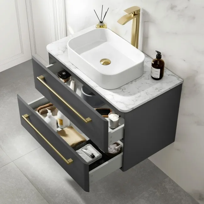 Omaha Slate Grey Wall Hung Drawer Vanity with Marble Top & Marin Basin 800mm - Brushed Brass Accents