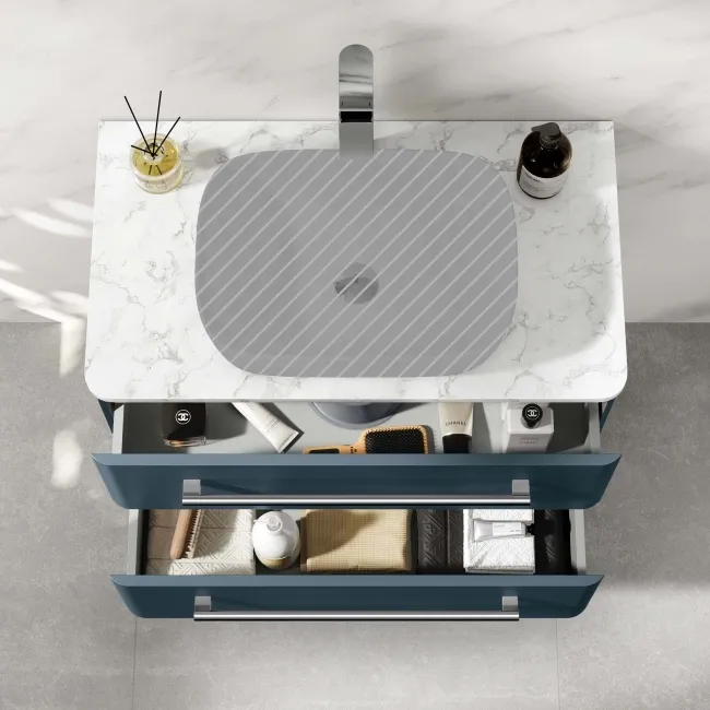 Omaha Navy Blue Wall Hung Drawer Vanity with Marble Top 800mm - Excludes Counter Top Basin