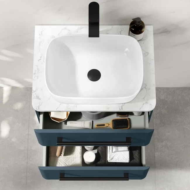 Omaha Navy Blue Wall Hung Drawer Vanity with Marble Top & Curved Counter Top Basin 600mm - Black Accents